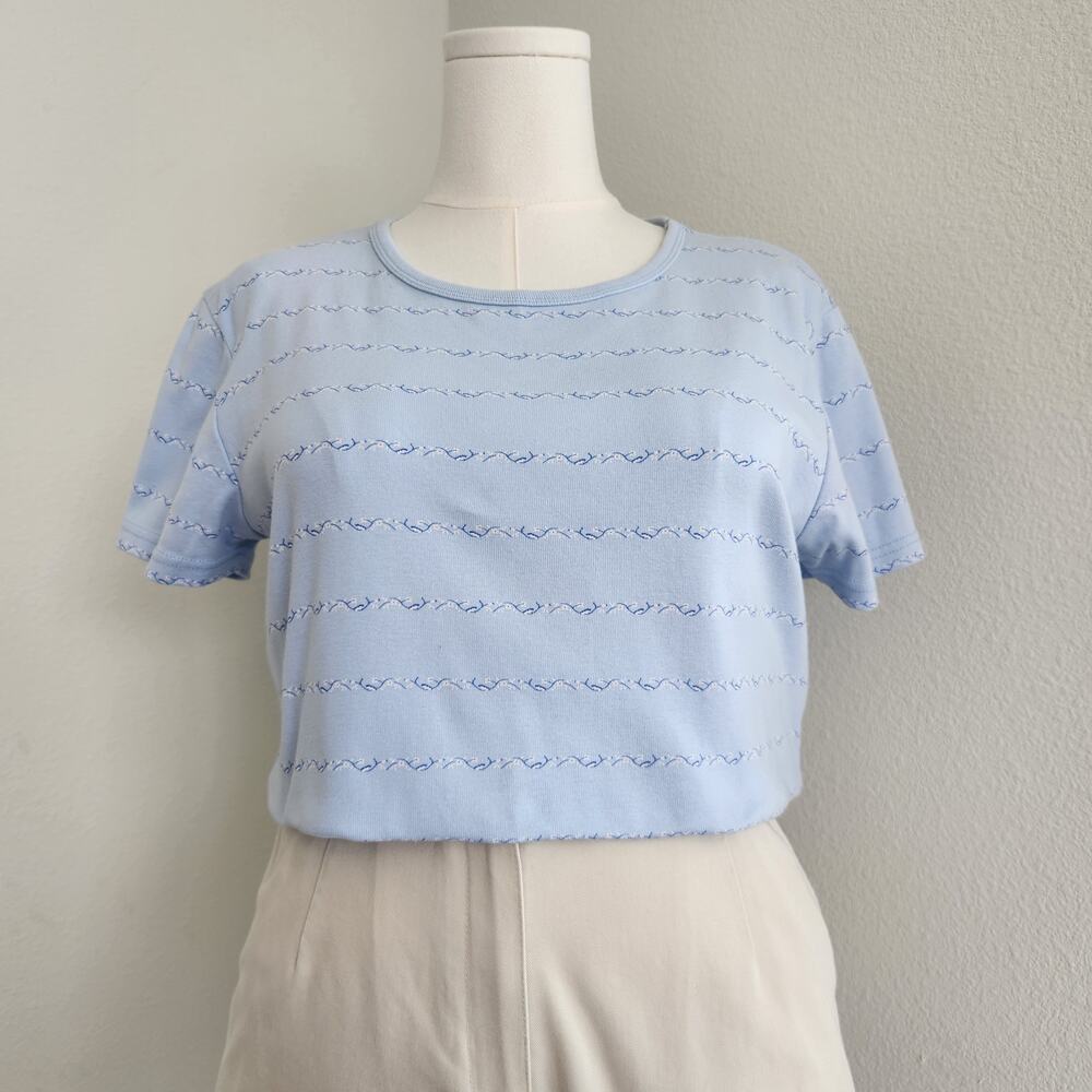 Y2K Eddie Bauer Pastel Blue Floral Embroidered Short Sleeve Cotton T-Shirt L